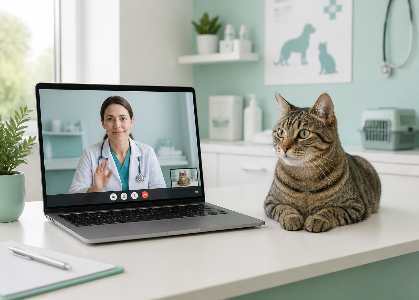 Portátil con una videoconsulta veterinaria junto a un gato atigrado
