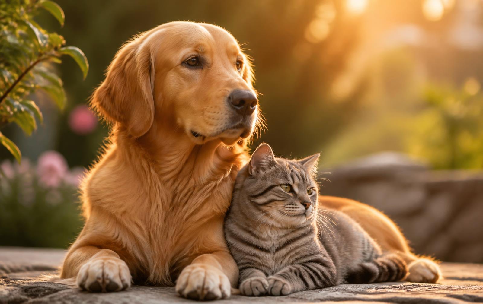 Perro y gato descansando juntos con luz cálida